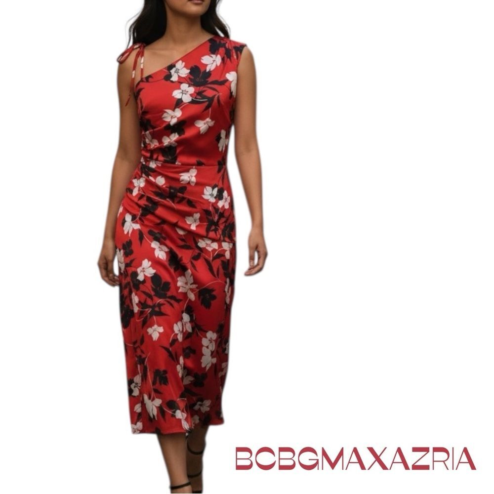 BCBGMaxAzria Red Black, and White Floral One Shoulder Midi Dress NWOT Size XS